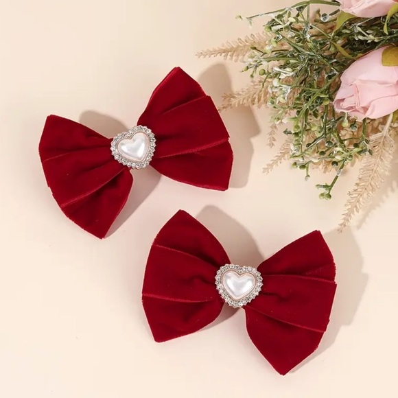Red Bow Hair Clips with Heart Detail. Christmas Bows. Christmas hair clips ? main image 5